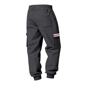 Detailed rear side view of men's charcoal fleece cargo sweatpants with striped pocket