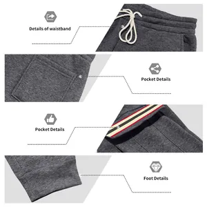 Detailed views of gray fleece cargo pants including waistband, striped pocket, and cuffs
