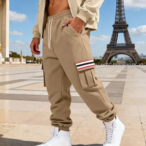 Detailed view of khaki cargo sweatpants for men featuring a striped pocket design.