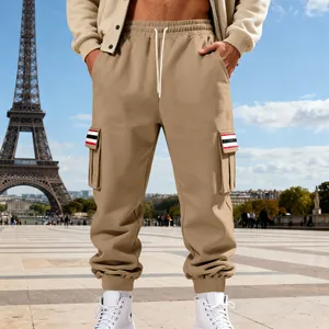 Mens khaki fleece cargo pants with multi-pockets and striped detail for autumn winter