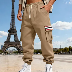 Fleece-lined men's cargo pants in khaki with multi-pocket striped detail and drawstring.