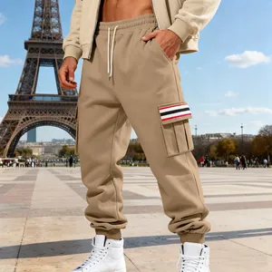 Men's khaki fleece-lined cargo joggers with multi-pockets and striped detailing