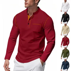 T-shirt Henley homme à manches longues avec col contrasté et poche poitrine