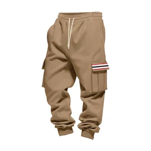 Detailed view of khaki fleece-lined cargo pants with multi-pockets and striped flaps