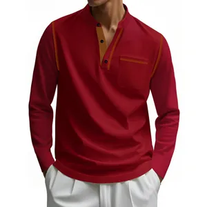 T-shirt Henley professionnel à manches longues pour hommes avec col moutarde contrasté