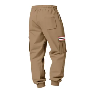 Detailed back view of khaki men's fleece cargo joggers with striped pocket detail