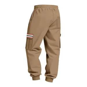 Rear view of khaki men's fleece cargo pants featuring striped side pocket detail