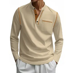 Détail d'un t-shirt Henley à manches longues pour hommes avec coutures contrastées