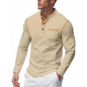 T-shirt Henley élégant à manches longues avec coutures contrastées orange pour homme.