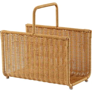 Handwoven rattan-style magazine storage basket with handle for home office decor