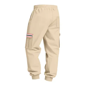 Detailed back view of men's beige fleece cargo joggers with striped pocket accents.