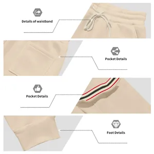 Detailed view of elastic waistband, multi-pockets, and ribbed cuffs on beige fleece joggers