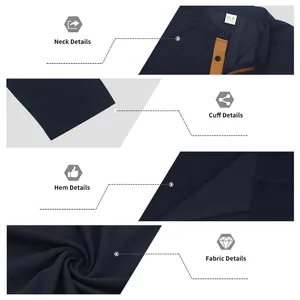 Vues détaillées du col, du poignet, de l'ourlet et de la texture du tissu du t-shirt Henley bleu