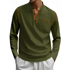 Vue détaillée t-shirt Henley manches longues homme vert armée coutures contrastées