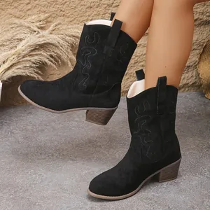 Close-up of black suede western boots with vintage embroidery and chunky heels