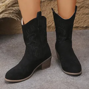 Detail view of women's vintage black embroidered V-cut chunky heel cowboy boots