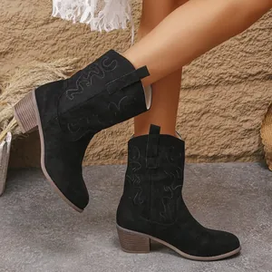 Detailed view of women's black suede western cowboy boots with intricate embroidery