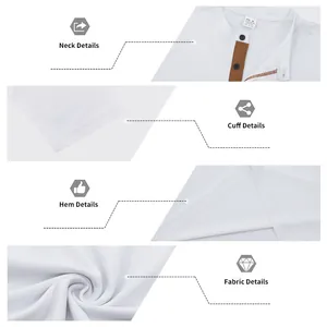 Détails du col, des poignets, de l'ourlet et du tissu pour ce t-shirt Henley blanc pour homme.