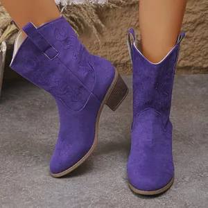 Purple suede western cowboy boots with embroidery and chunky heel for women detail view
