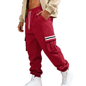 Men's American style fleece cargo sweatpants in red with multi-pockets and striped accent