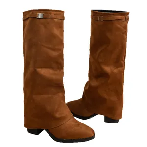Bottes pantalon pour femmes en daim marron avec talons épais et bout pointu