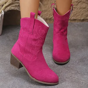 Detailed view of vibrant pink suede Western cowboy boots featuring elegant embroidery.