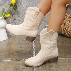 Detail view of stylish women's embroidered V-cut Western cowboy boots featuring chunky block heels