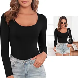 Primo piano e vista lifestyle di un body nero a maniche lunghe modellante da donna