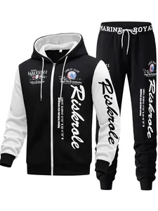 Detailweergave van heren trainingspak met capuchon en stijlvolle witte mouwprint.