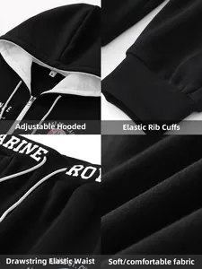 Detailweergaven van herenhoodie met rits: capuchon, manchetten, taille en zachte stof