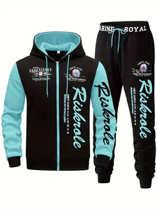 Tweeledig heren trainingspak in zwart en blauw met hoodie met rits en bijpassende broek