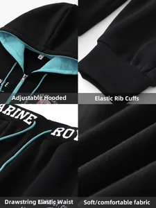 Detailweergaven van zwarte hoodie met verstelbare capuchon en elastische taille