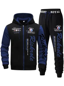 Heren trainingspak met rits en capuchon, zwart en blauw met nautische prints.