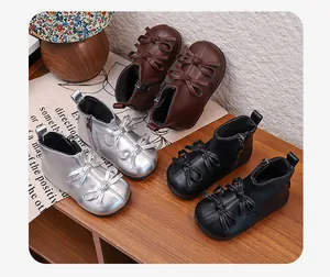 Toddler girls princess bow boots in silver, brown and black for winter seasons.