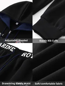Detailweergaven van zwarte herenhoodie met rits die capuchon en manchetten tonen.