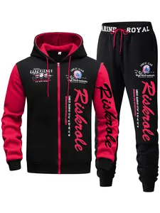 Heren herfst winter trainingspak met capuchon en rits met rode Riskrole print op de mouw set.