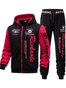Heren tweedelig zwart en rood trainingspak met capuchon en stijlvolle mouw- en borstprints