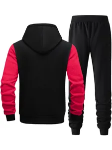 Heren tweedelig trainingspak met zwart-rode color-block hoodie en comfortabele joggingbroek