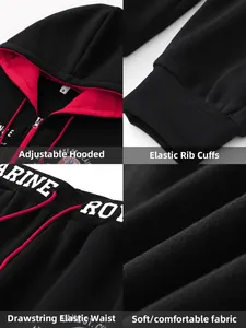 Gedetailleerde close-ups van zwarte herenhoodie met elastische ribboorden en stof