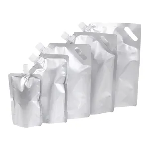Set of five silver aluminum foil stand-up spout pouches for liquid juice packaging bags