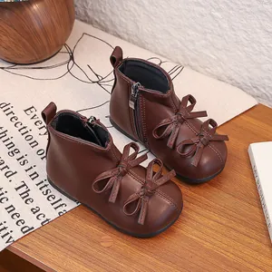 Girls Bow Short Boots Autumn Winter Warm Princess Microfiber Leather Side Zipper Soft Sole Toddler Princess Shoes