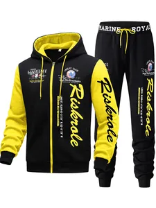 Heren trainingspak in zwart en geel met opvallende mouwprint en hoodie met ritssluiting