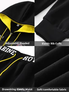 Detailweergave van herensweatshirt met capuchon, trekkoord en elastische ribboorden