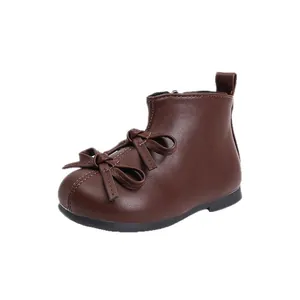 Brown toddler girl ankle boots with double bow details and soft sole for autumn.