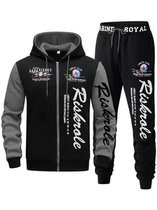 Detailweergave heren zwart trainingspak met capuchonvest en grijze contrastmouwen.