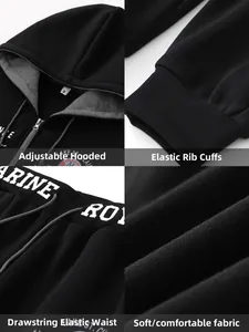 Detailopnamen van zwarte herenhoodie met capuchon, manchetten, taille en zachte stoftextuur