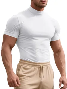 Close-up detail of men's athletic slim fit white stretch mock neck short sleeve T-shirt