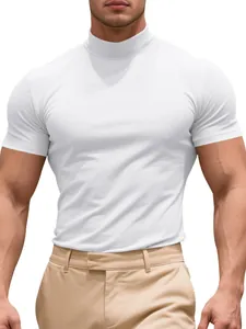 Professional slim fit men's mock neck short sleeve T-shirt in white elastic fabric