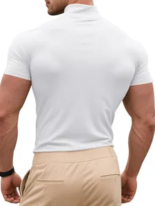 Rear view detail of men's white slim fit mock neck short sleeve t-shirt showing premium fit