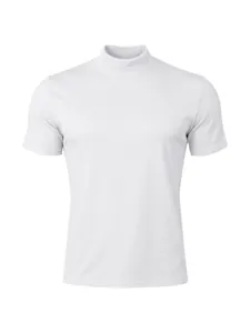 Front view detail of a men's white mock neck stretch slim fit short sleeve T-shirt